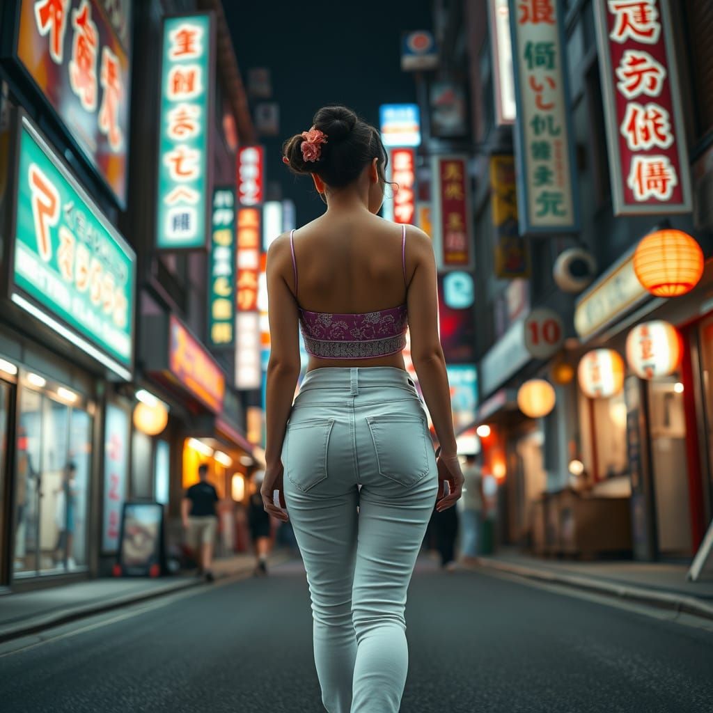 Geisha in Neon Tokyo Street Photorealistic Style