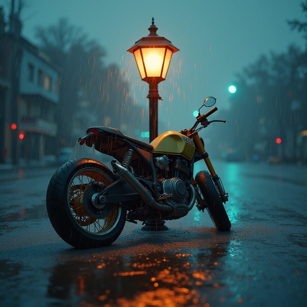 Motorcycle in Surreal Water Scene with Dramatic Lighting