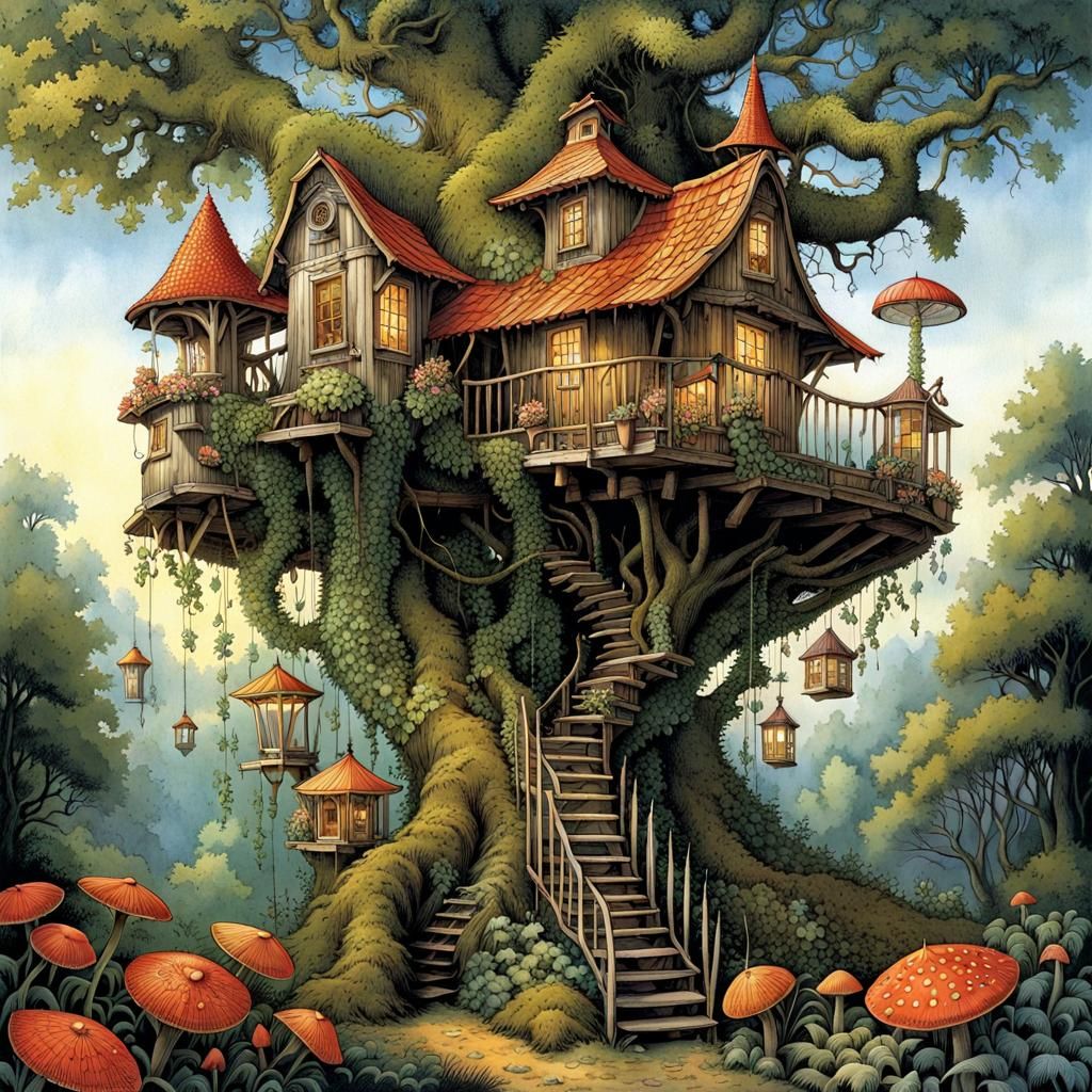 Enchanted Treehouses in a Fairytale Illustration