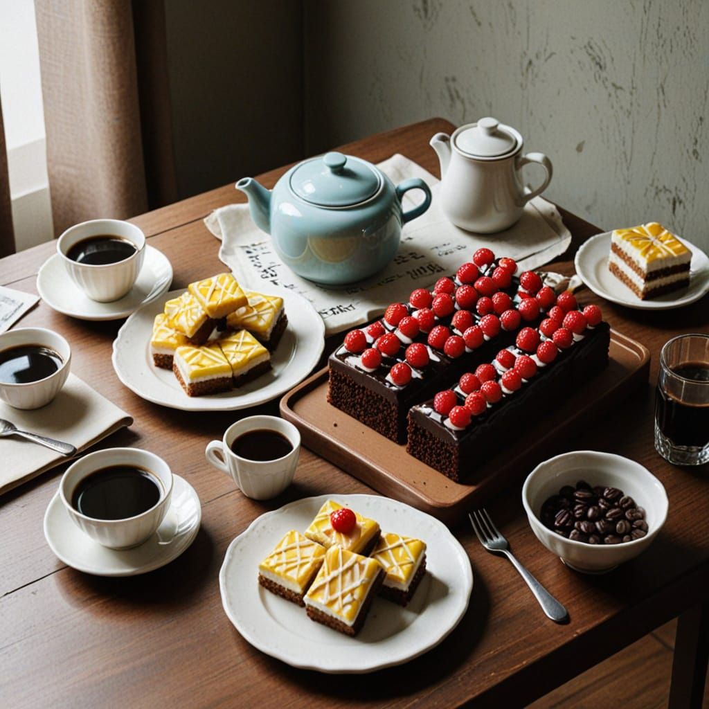 Vintage Western Korean Still Life with Coffee and Cake