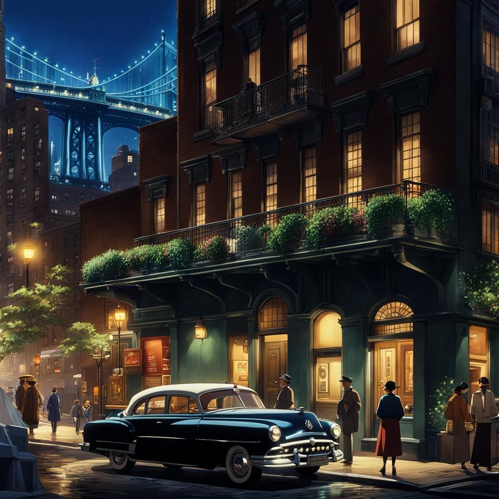 1950s Manhattan Hotel at Night: Studio Ghibli Style