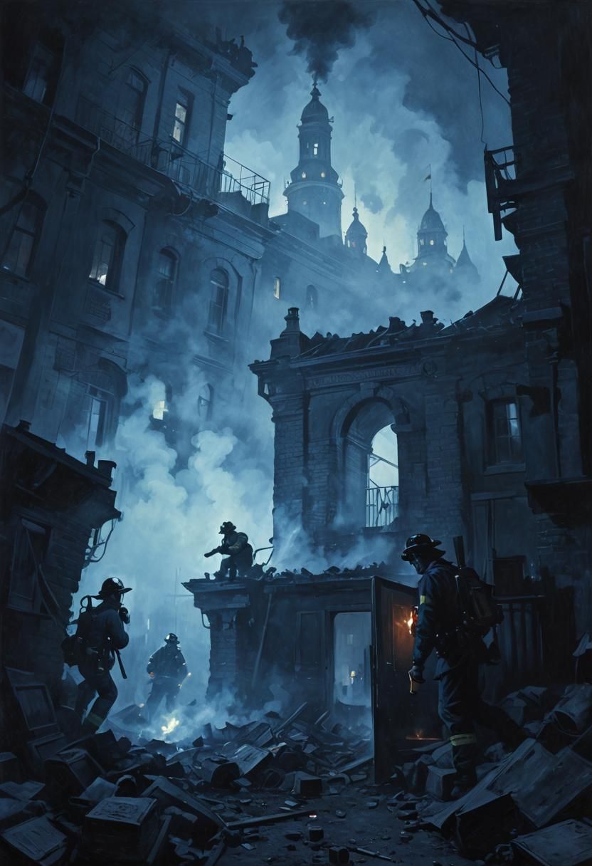 Noir Night: Firefighters in Smoking Ruins Painting