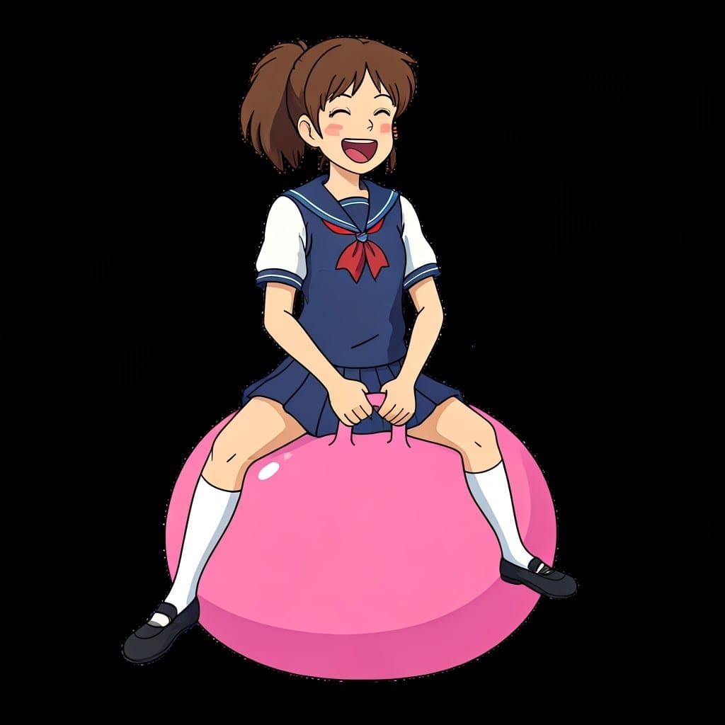 Japanese School Girl in Ghibli Style on a Pink Hopper Ball