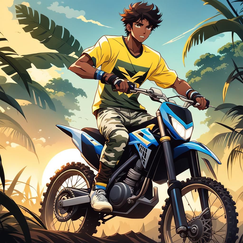Anime Boy on Motocross Bike in Jungle