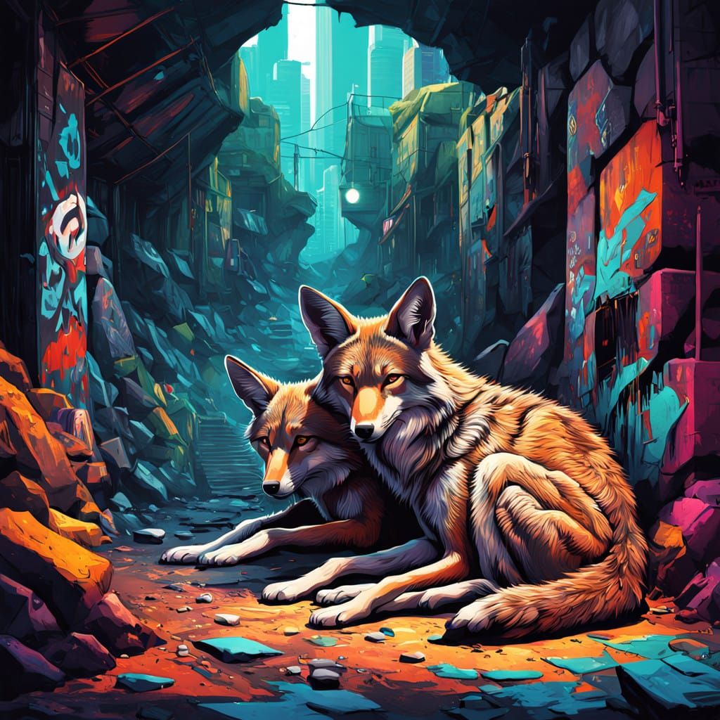 Coyotes Slumber in Graffiti-Adorned Cave