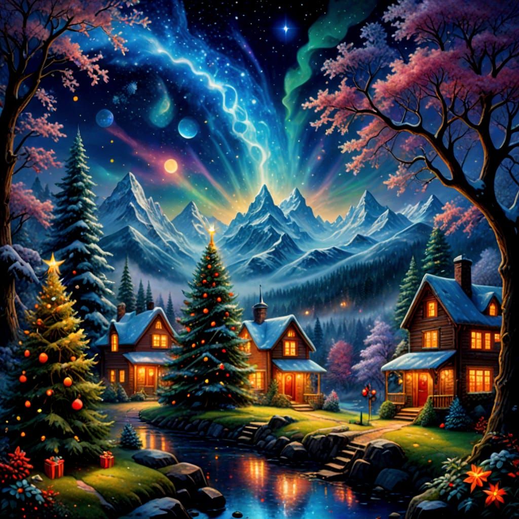 Ethereal Cosmic Christmas Scene in Holographic Style