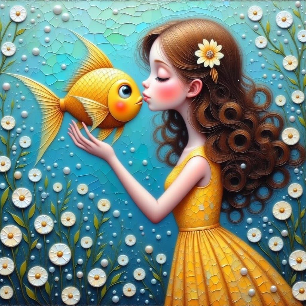 Girl Kissing Golden Fish in Whimsical Impasto Style