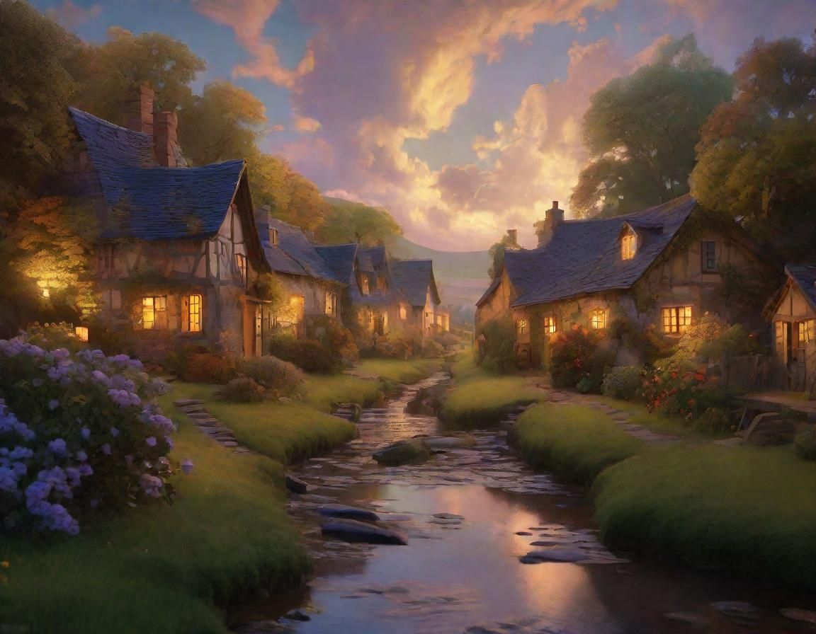 Rustic Village at Dusk in Whimsical Fantasy Style