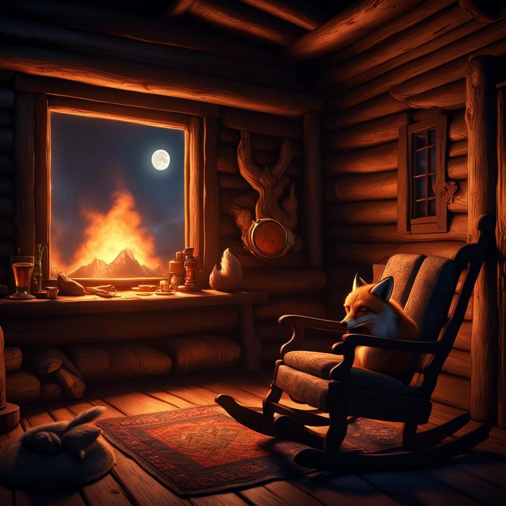 Golden Fox Asleep by Cabin Fireplace in Moonlight
