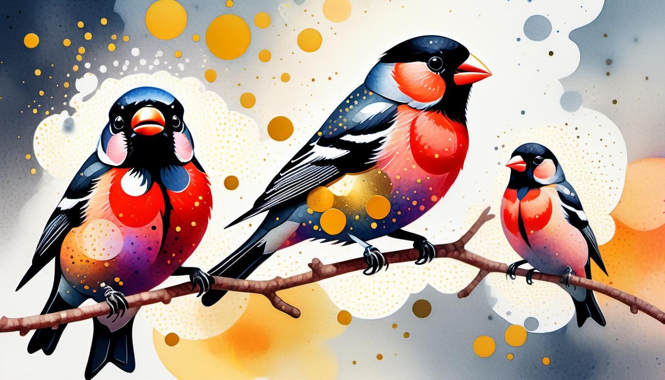 Multiple Exposure Pointillism Comic. Tattoo. Line art. Detailed. Professional. Realistic color. Bullfinch.. Wallpaper fo...
