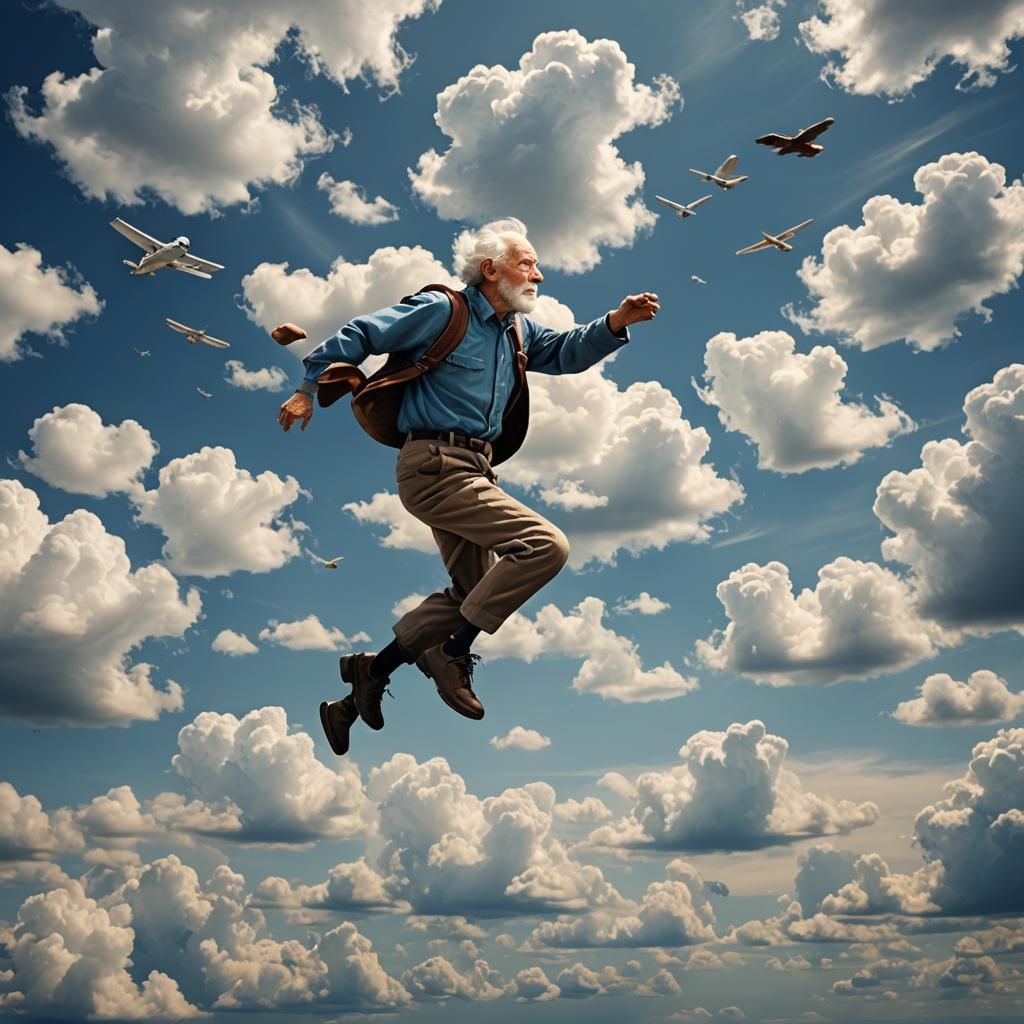 Detailed Realistic Image of Elderly Man Levitating