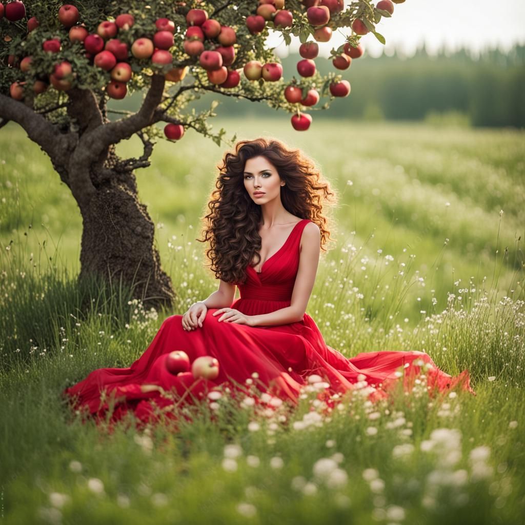 Woman in Red Dress Under Blossoming Apple Tree