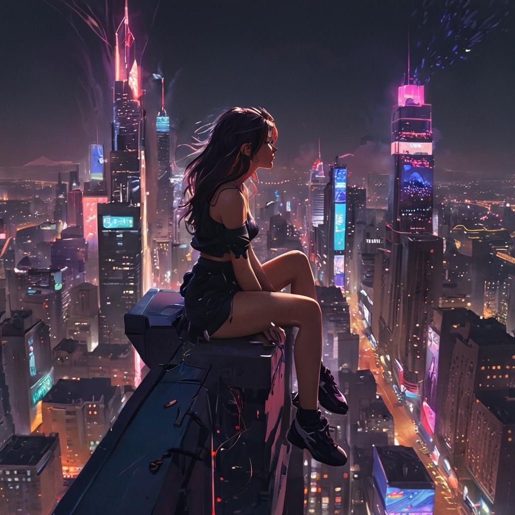 Girl Gazing at Neon Cityscape at Night