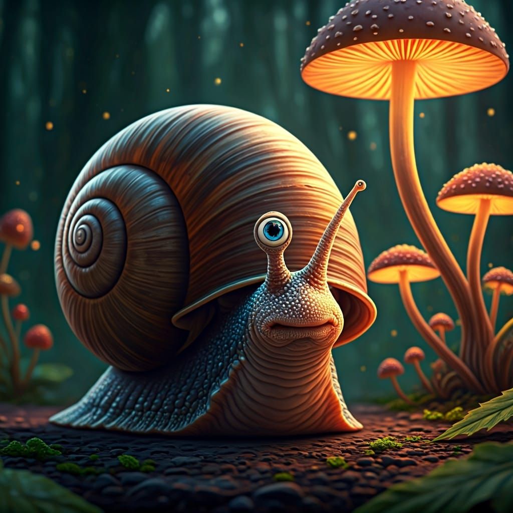 Enchanted Snail Exploring a Glowing Mushroom Forest