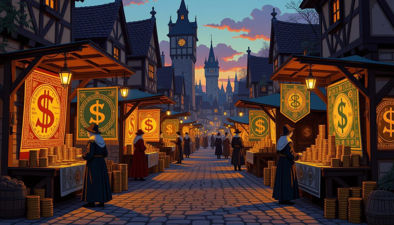 Medieval Marketplace at Dusk, Richly Detailed
