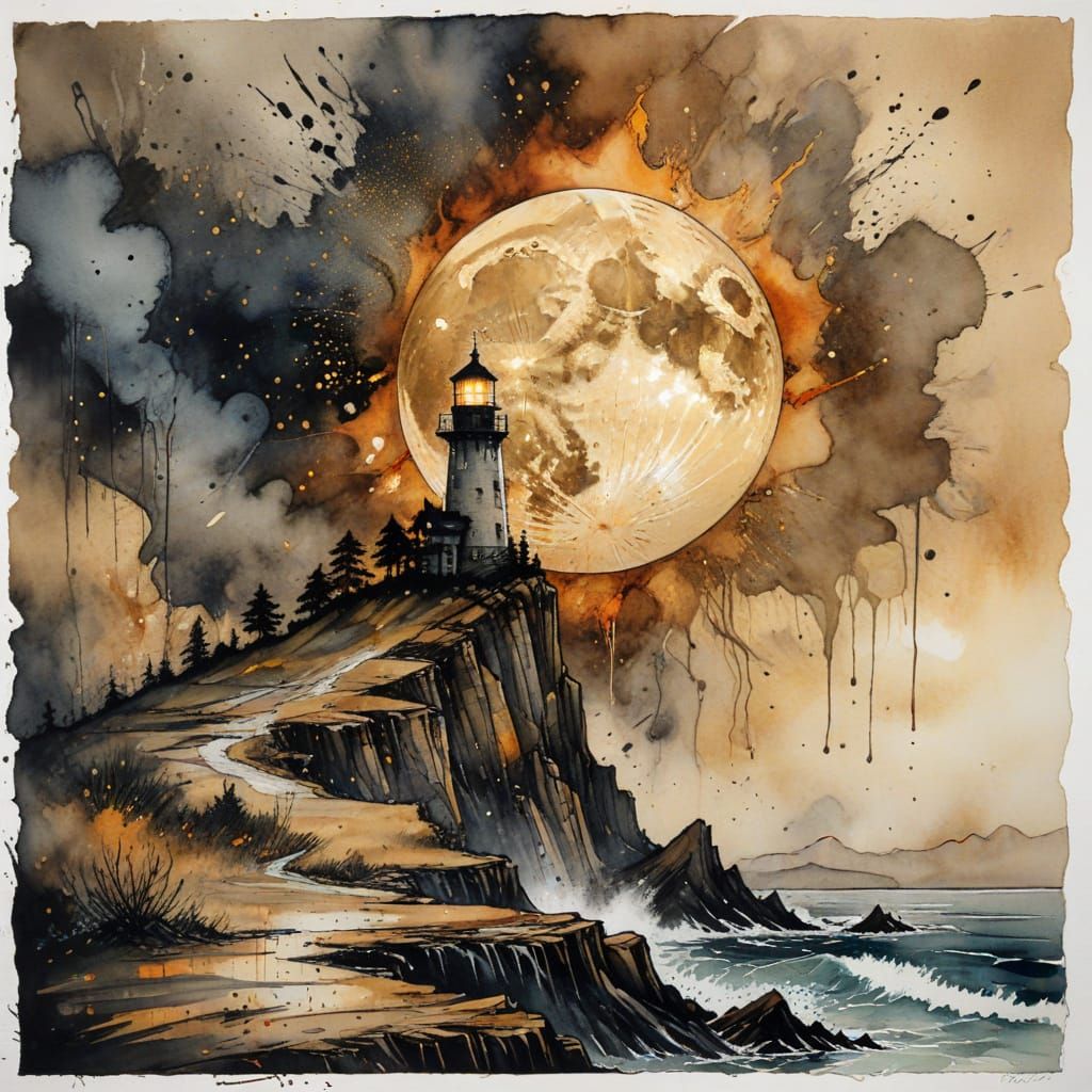 A light tower glowing at night