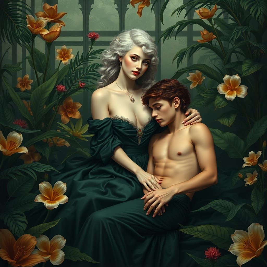 Romantic Interlude in a Lush Greenhouse