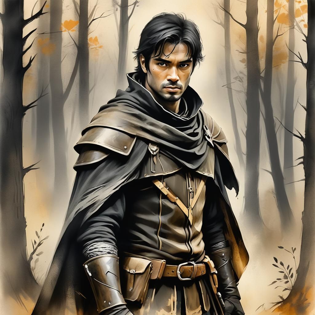 Medieval Ranger in Earthy Woodland Scene