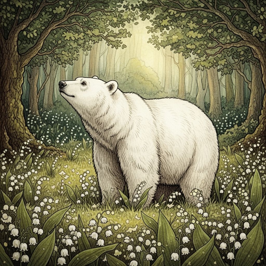 Majestic White Bear in Lily of the Valley Forest