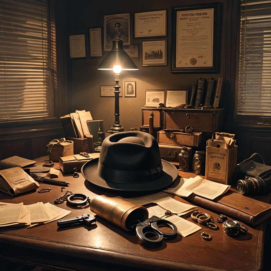 Hyperrealistic Fedora in Noir Crime Scene