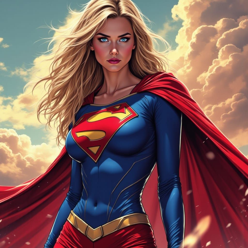 Hyperrealistic Supergirl with Flowing Cape and Dramatic Ligh...