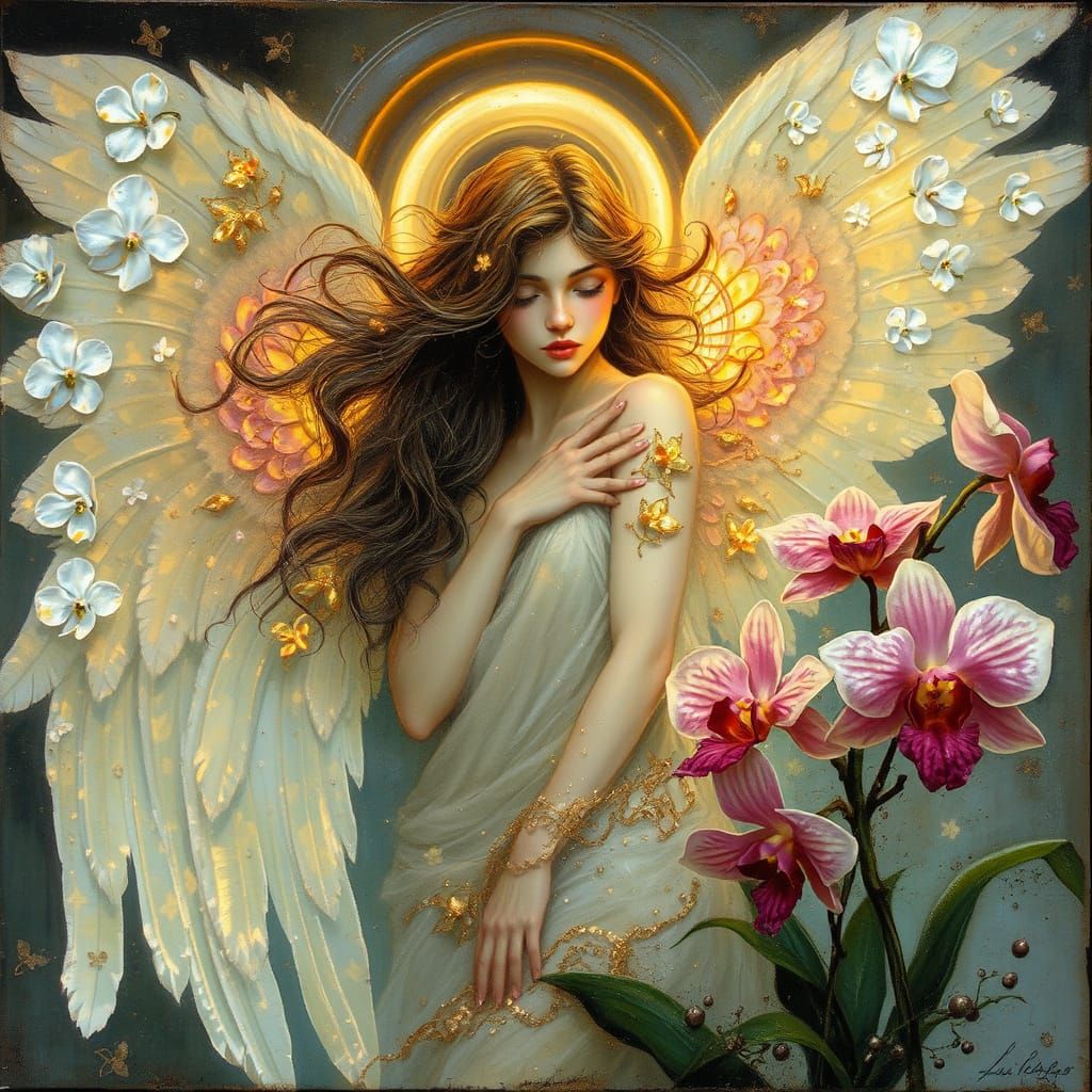 Ethereal Angel in a Mythical Orchid Grove