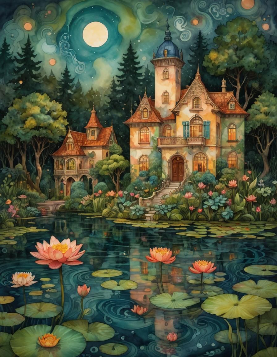 Whimsical Watercolor Mansion on Lilypad Lake