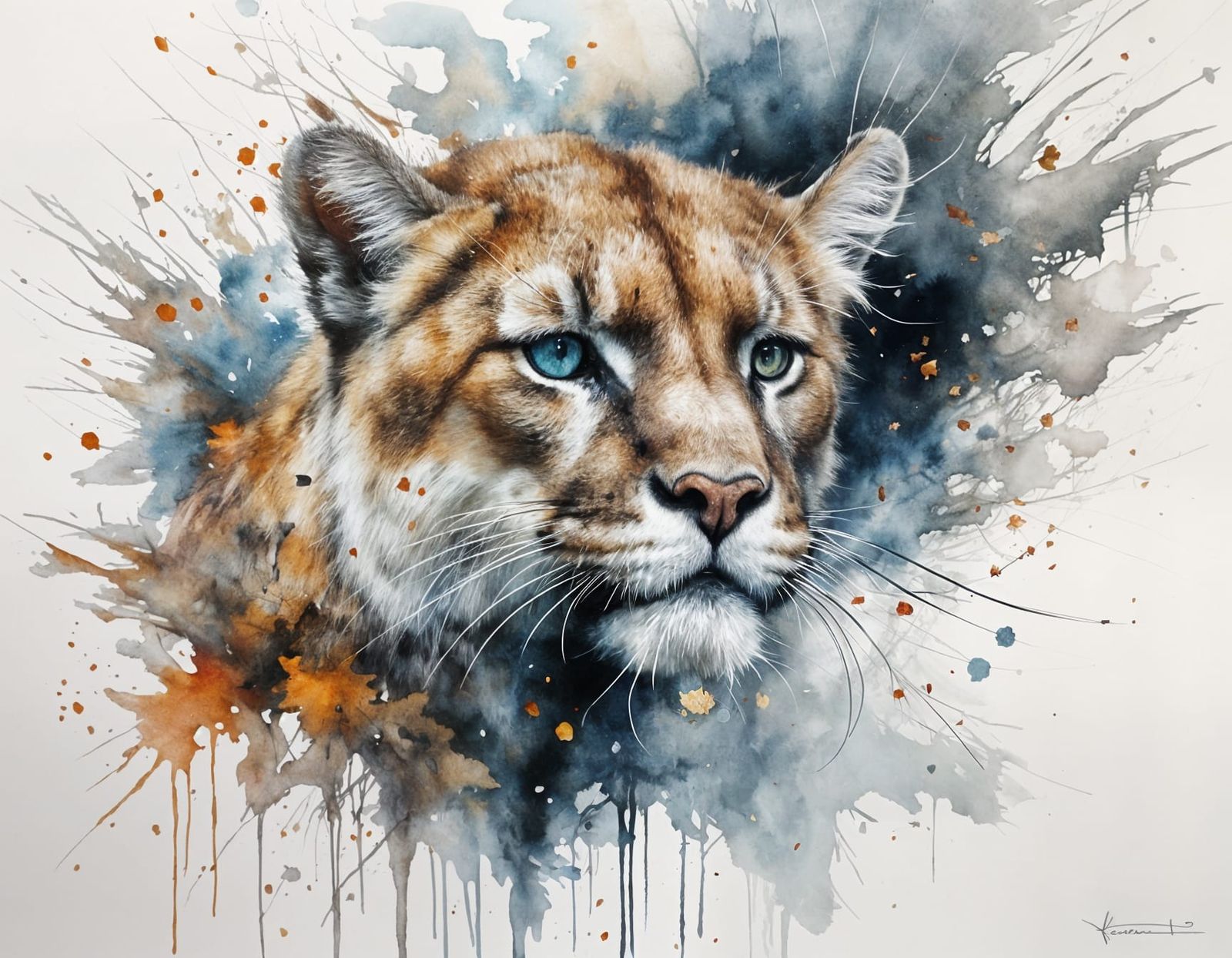 Fluffy Cougar Climbs Oak Tree in Watercolour Style