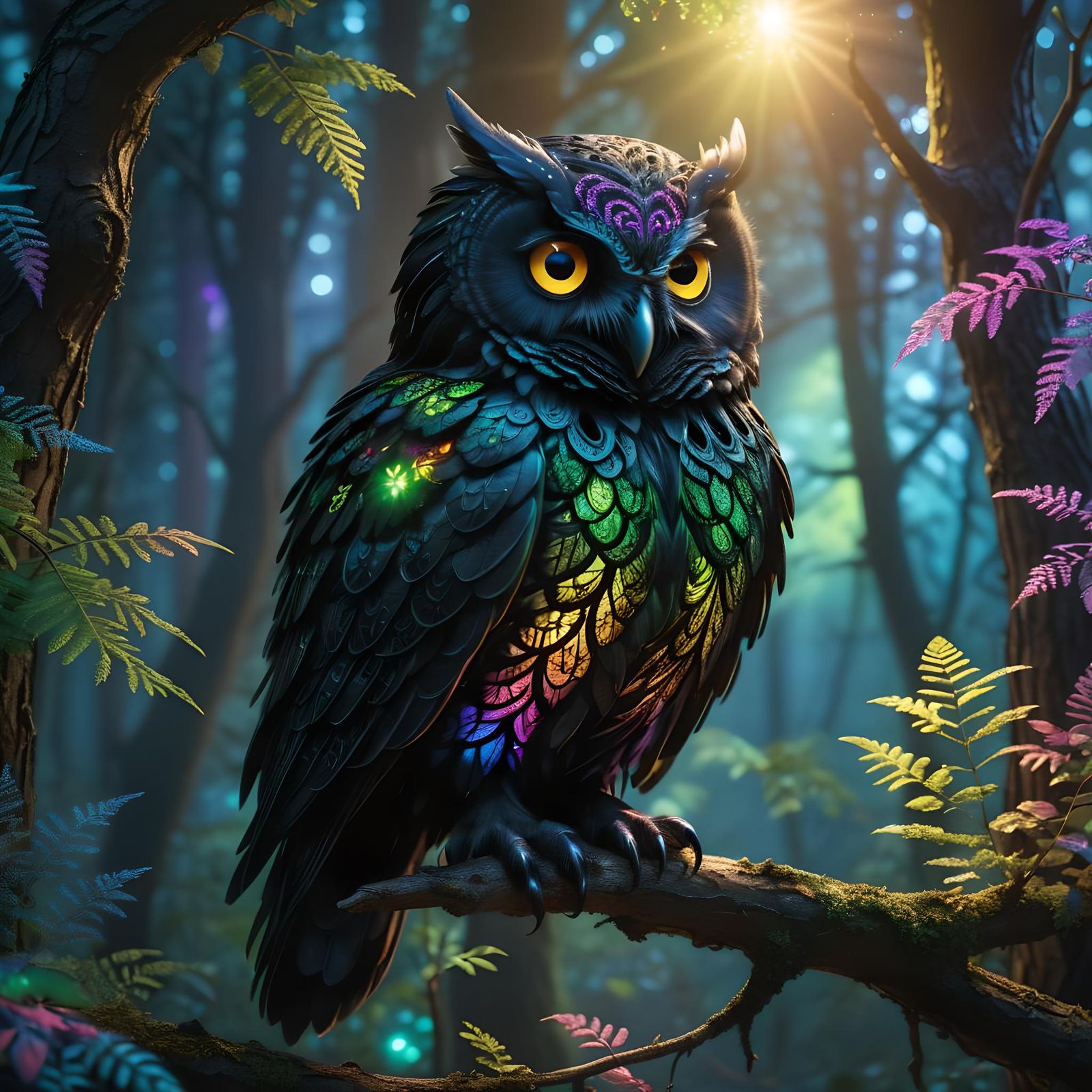 Enchanted Forest Owl with Bioluminescent Fractal Filigree