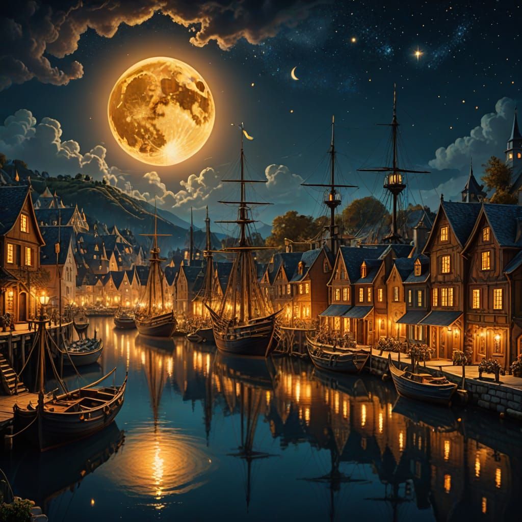 Fantasy Harbor Town at Night with Golden Moon