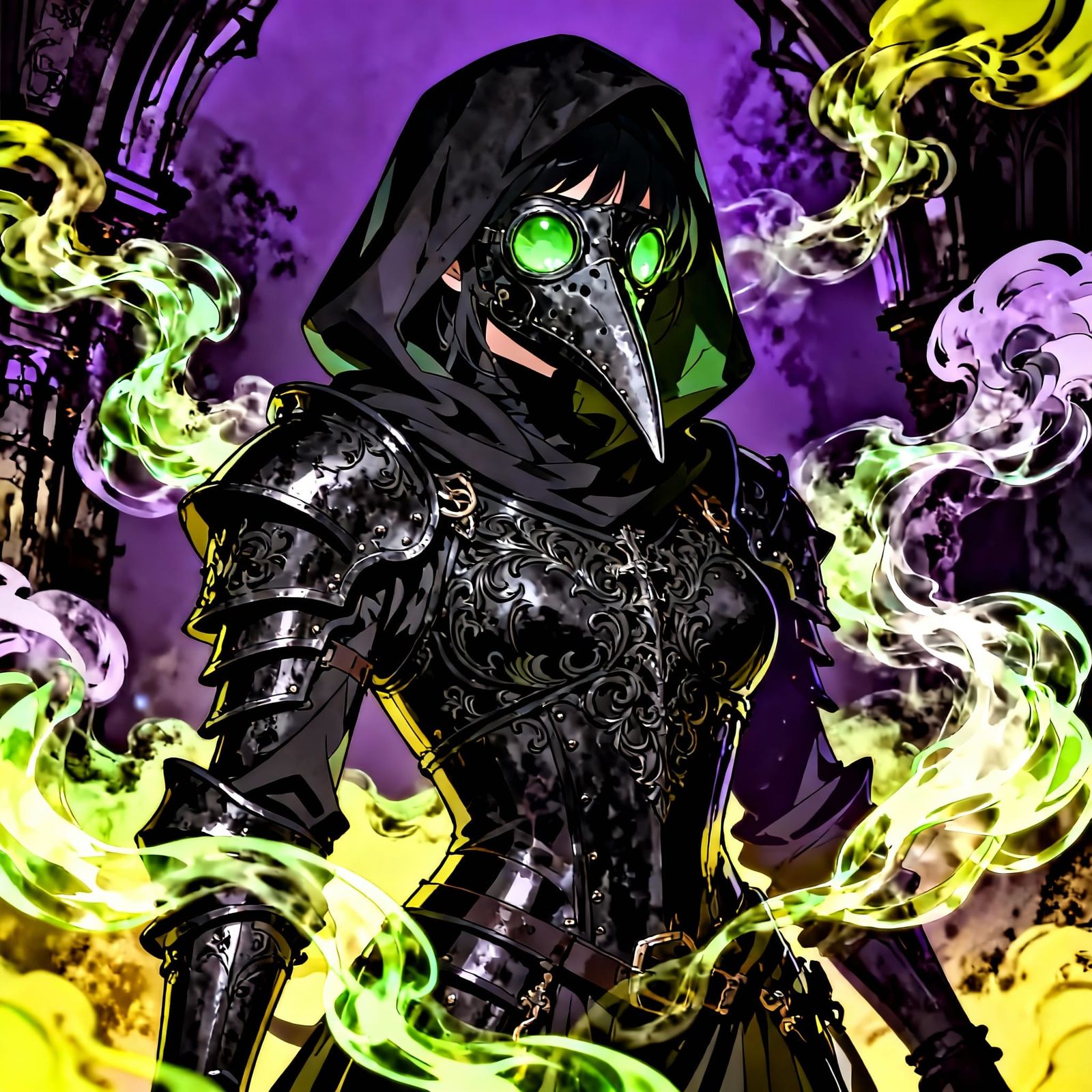 Gothic Armored Woman with Plague Doctor Mask in Green Mist