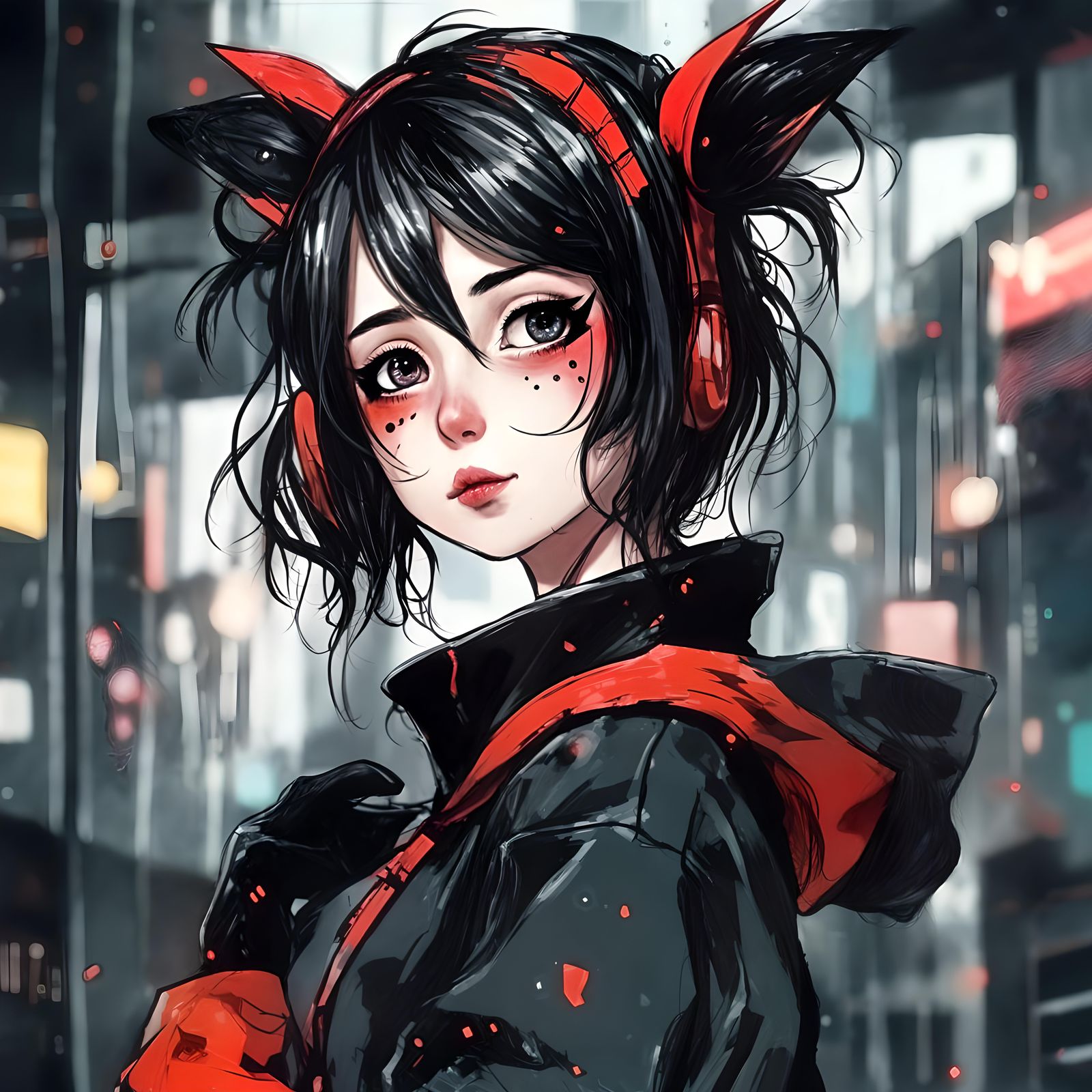 Cyborg Anime Girl in Cyberpunk City, Manga Style