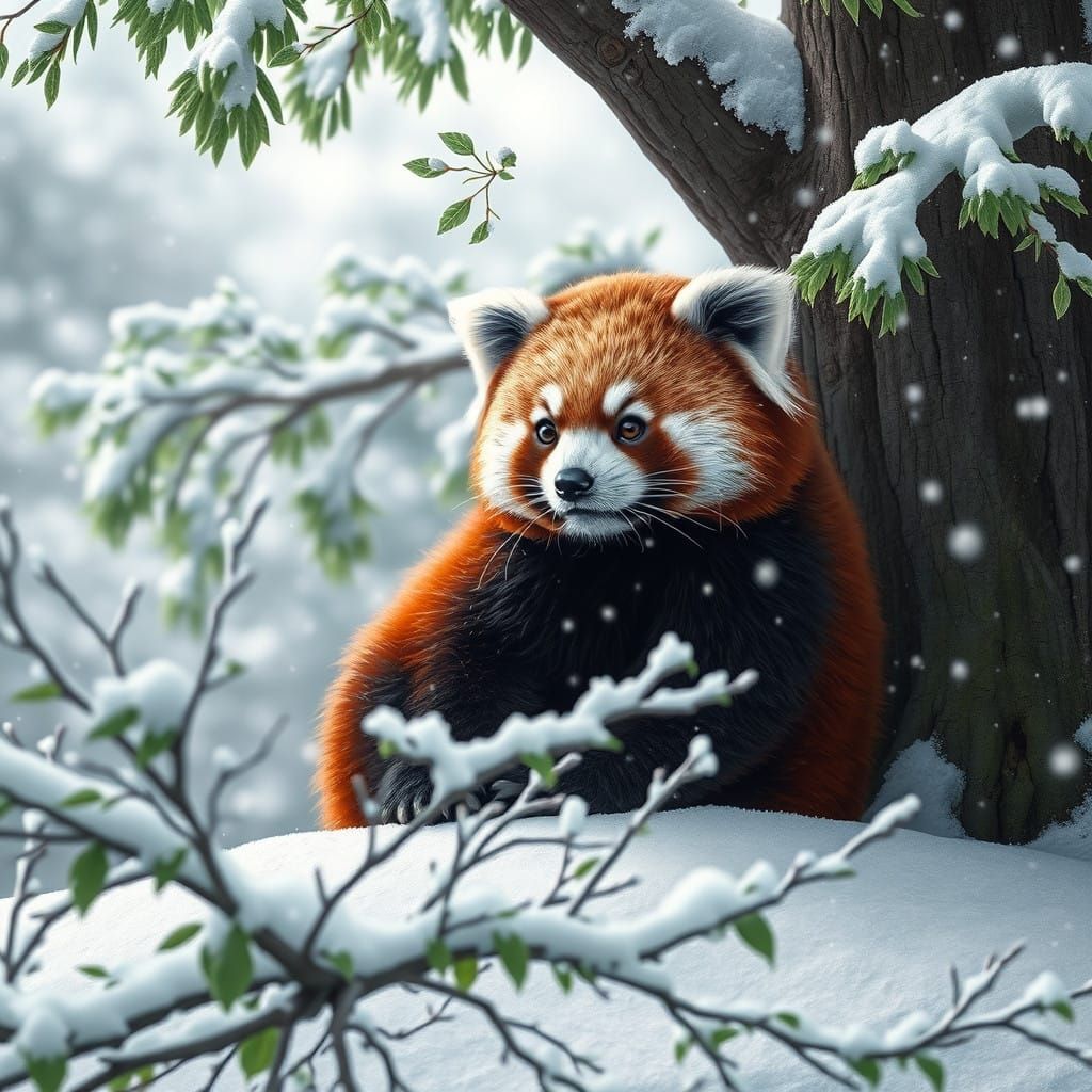 Surreal Red Panda in Snowy Japanese Landscape, 8K Realism