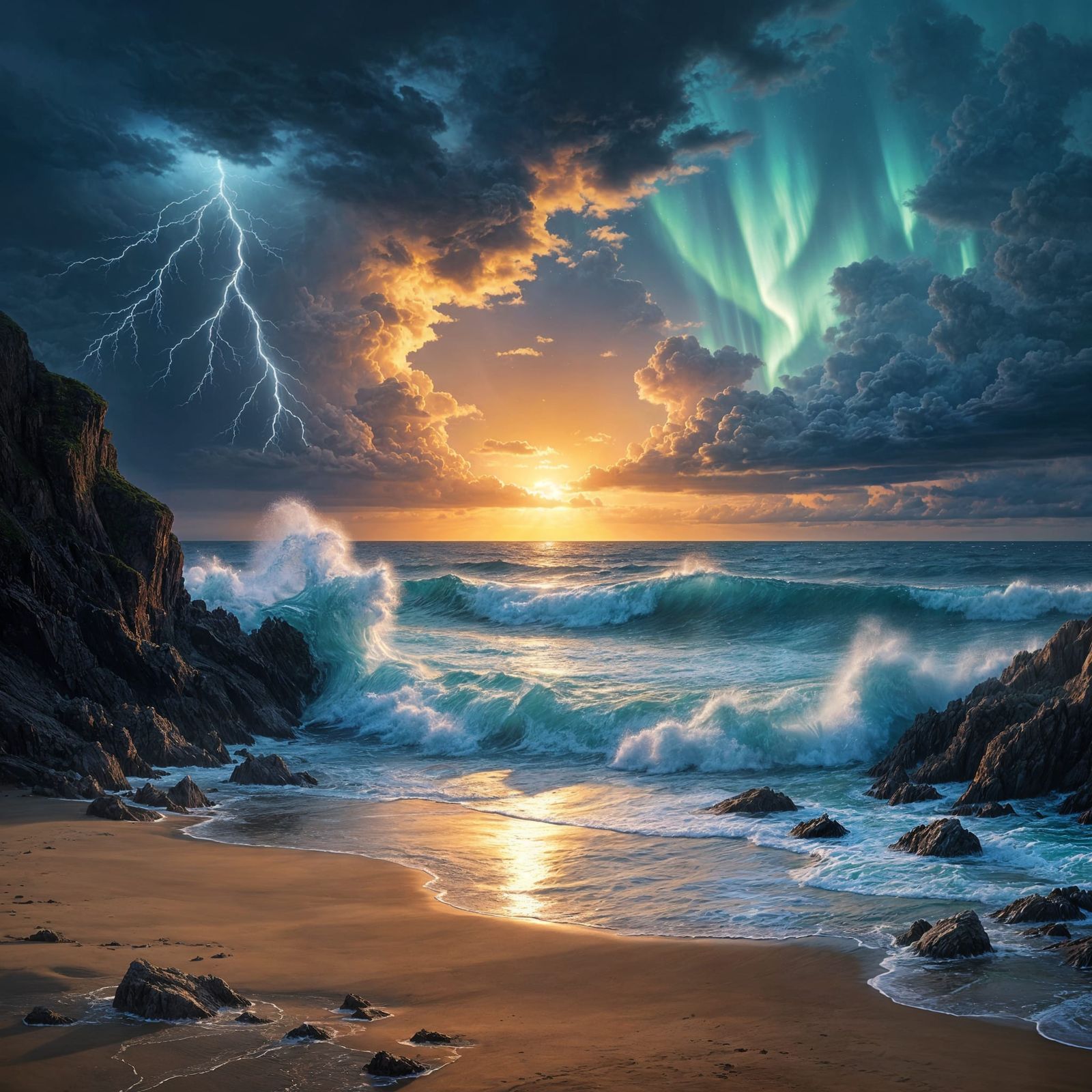 Dramatic Sci-Fi Seascape: Stormy Sunset with Lightning