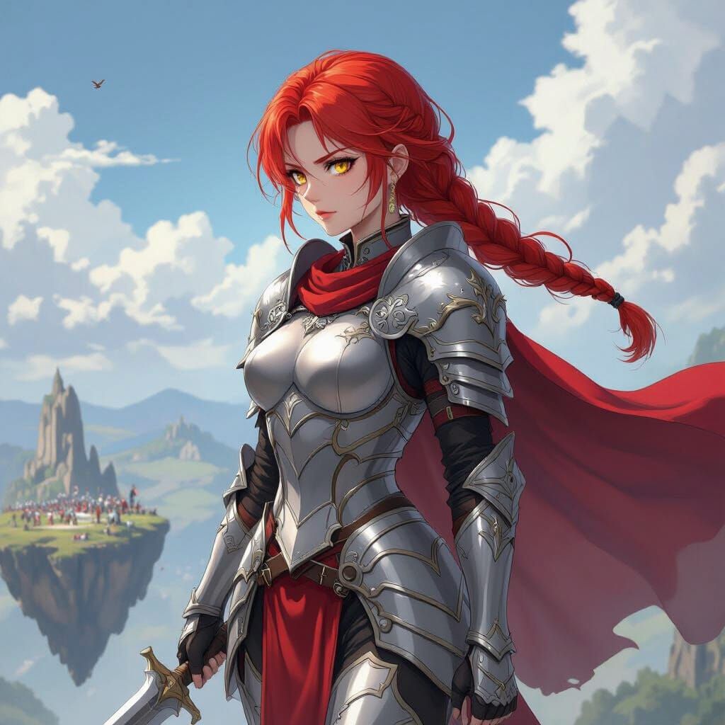 Valkyrie in Silver Armor Gazing at Battlefield in Anime Styl...