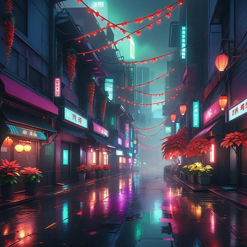 Cyberpunk Poinsettia Cityscape in 3D Anime Style