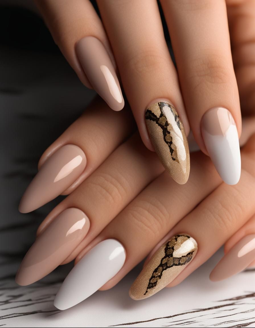 Elegant Snake Pattern Nail Art in Beige Glitter
