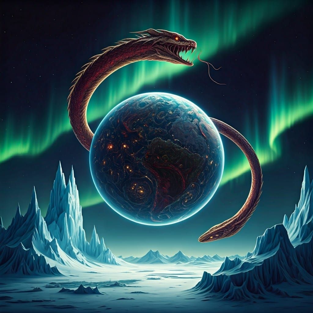 Surreal Icescapes with Ouroboros in Dystopian Style