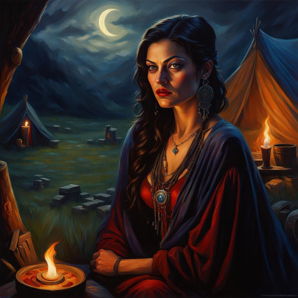 Gypsy in Dark Camp: Fantasy Oil Painting