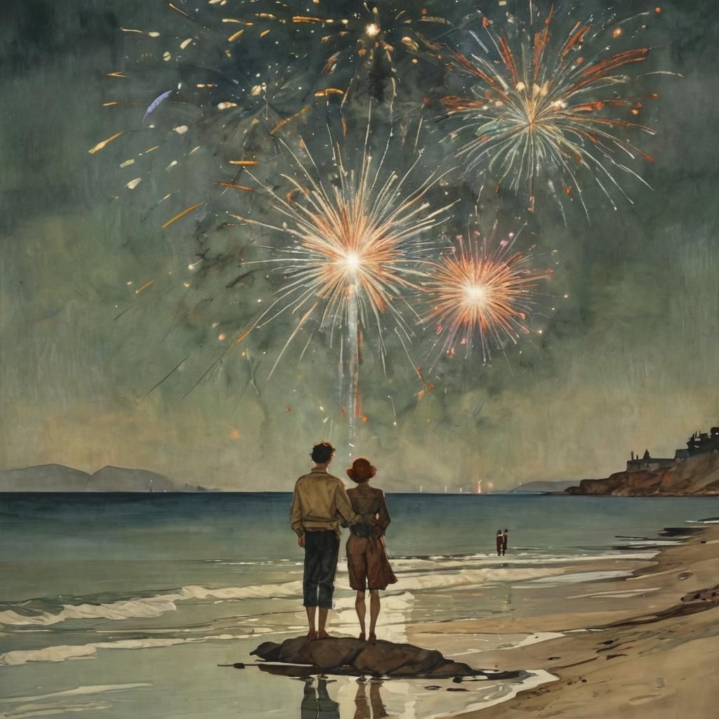 Friends Watching Fireworks on Beach, Expressionist Style