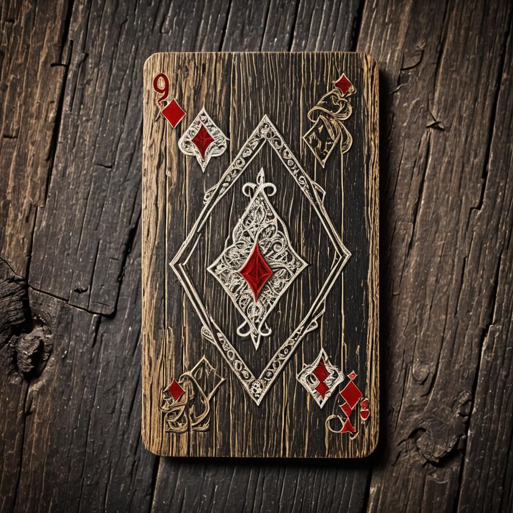 Macro Photograph of 9 of Diamonds on Wood