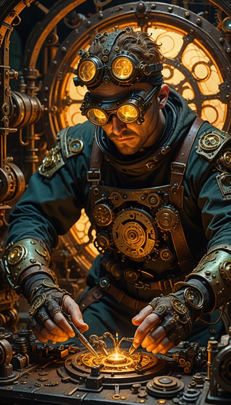 Clockwork Repair in Oil-Punk Factory with Glowing Fungi