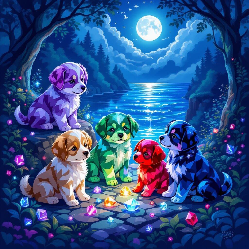 Living Gemstone Puppies in a Magical Realm