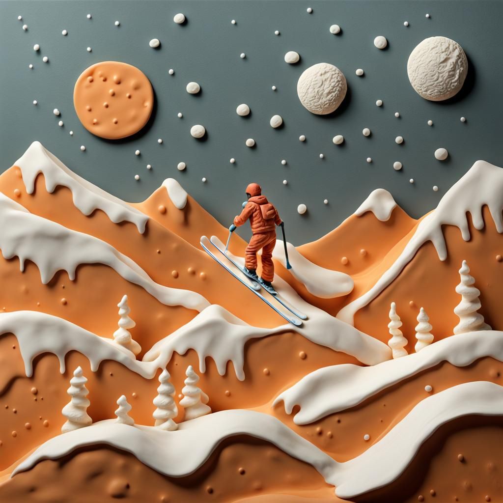 Clay Model Skier on Swiss Cheese Moon Landscape