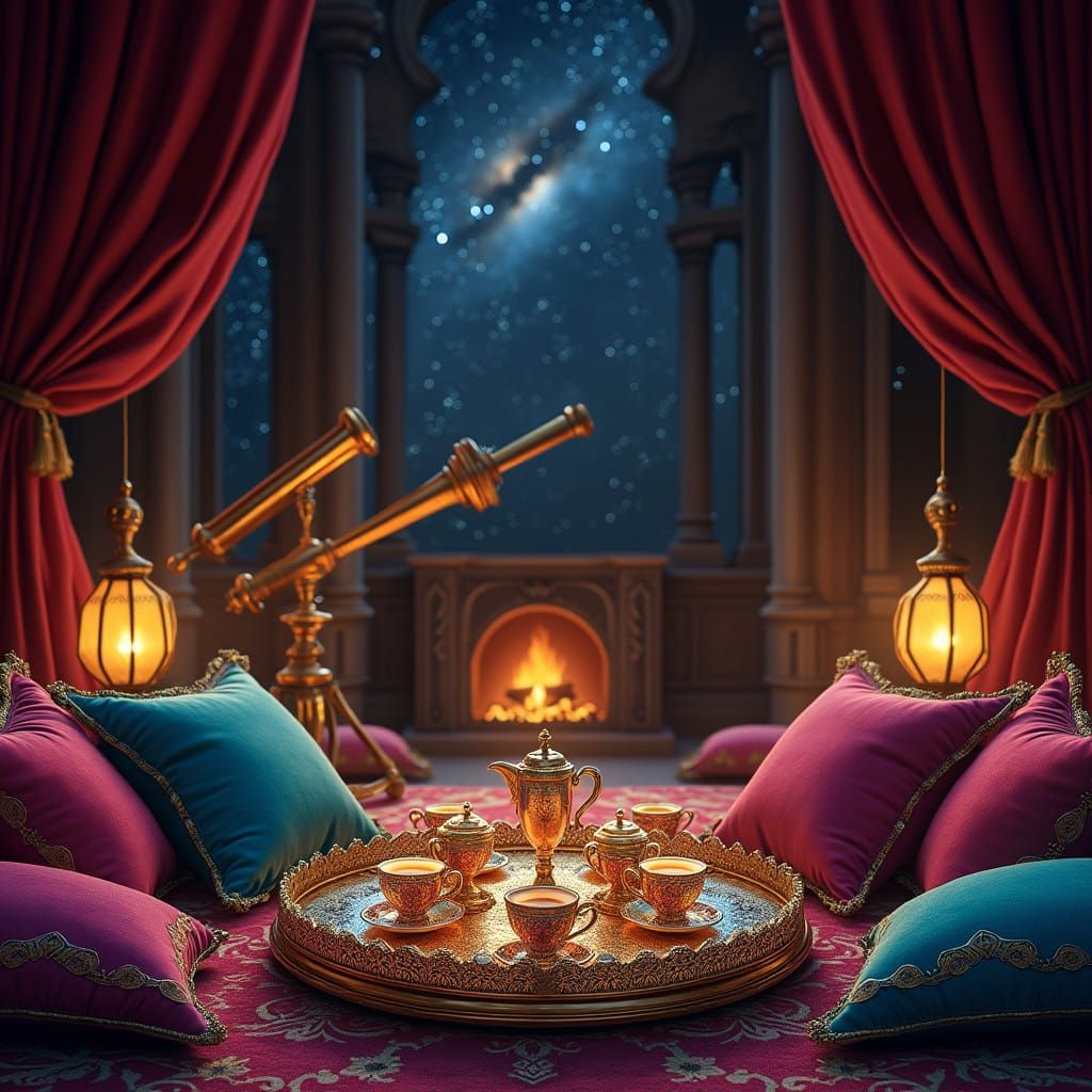 Velvet Chamber with Iridescent Candies and Luxurious Tea Cup...
