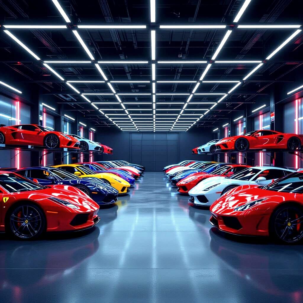 20 Supercars in a Modern Garage with Neon Lights