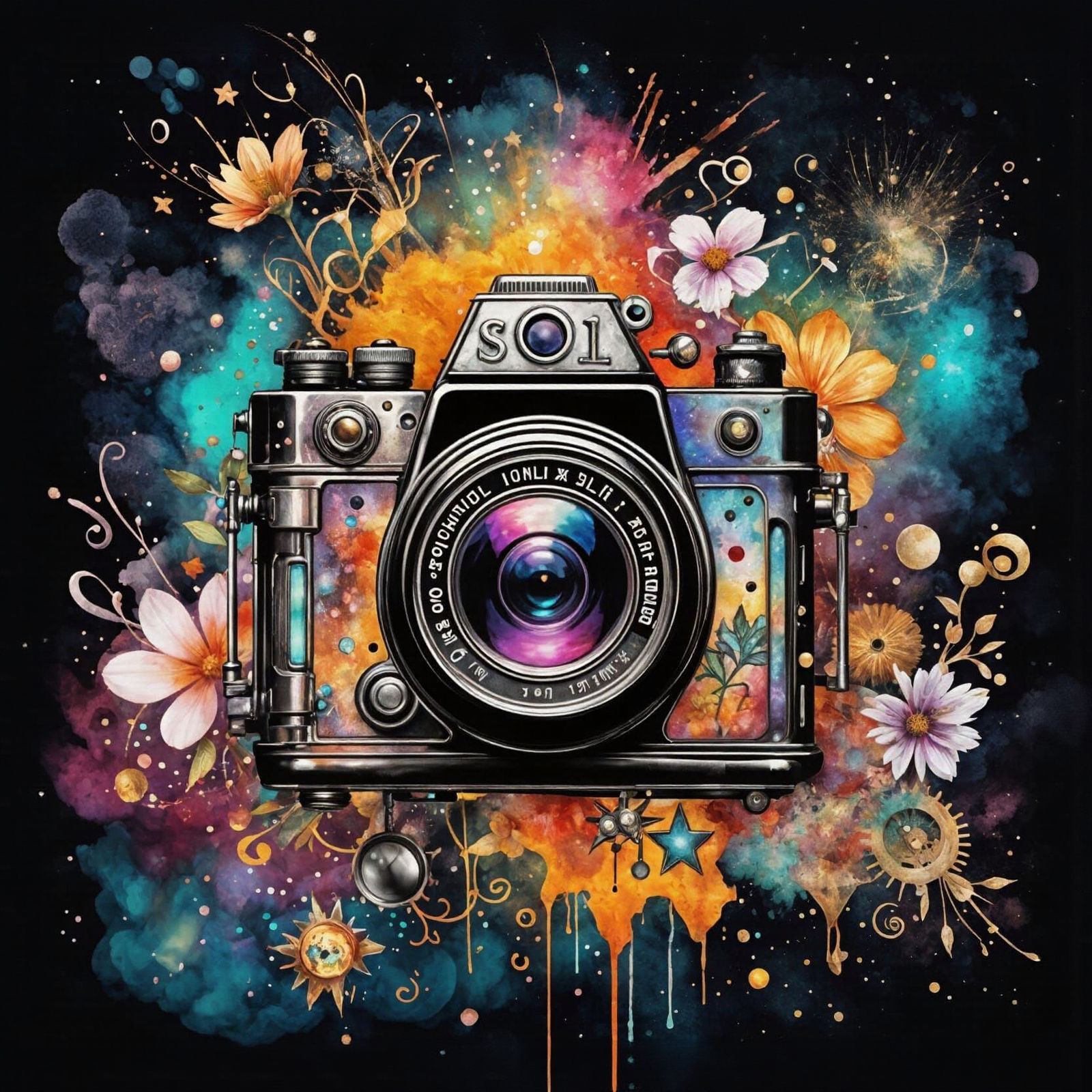 Magical Baroque Camera Tattoo Design with Cosmic Touches