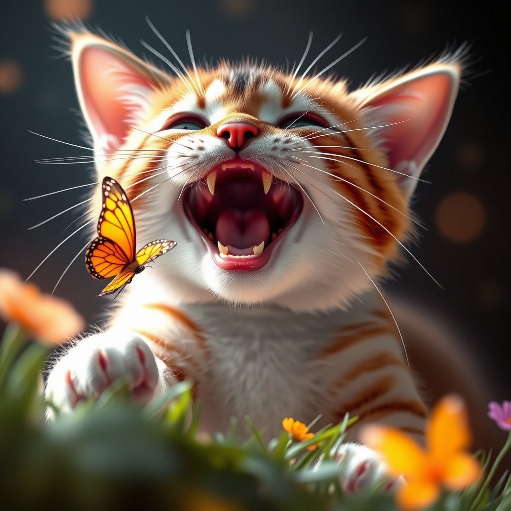 Joyful Cat Chasing Butterfly in Anime Art Style