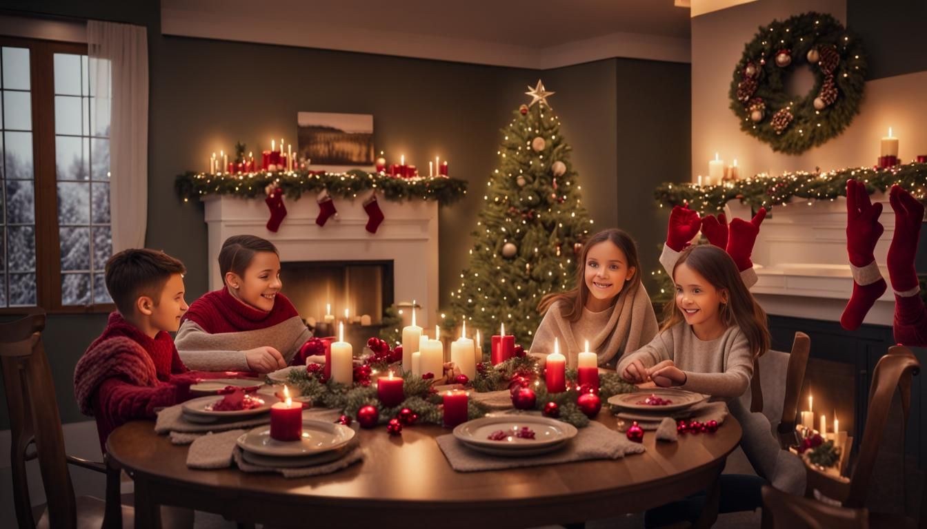 A Christmas tree, next to the fireplace, a table full of Chr...