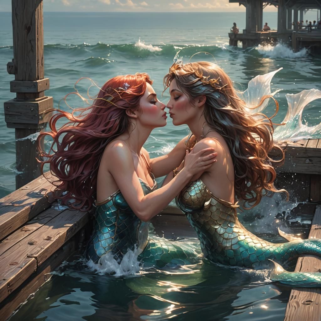 A human leaning in for a kiss with a mermaid. He is lying fa...